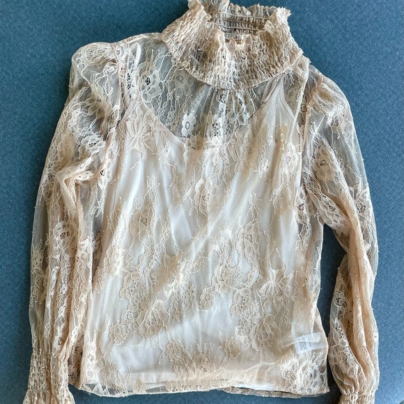 Lulu’s Sheer Leader Blush Pink Lace Mock Neck Long Sleeve Top XS - Picture 10 of 14